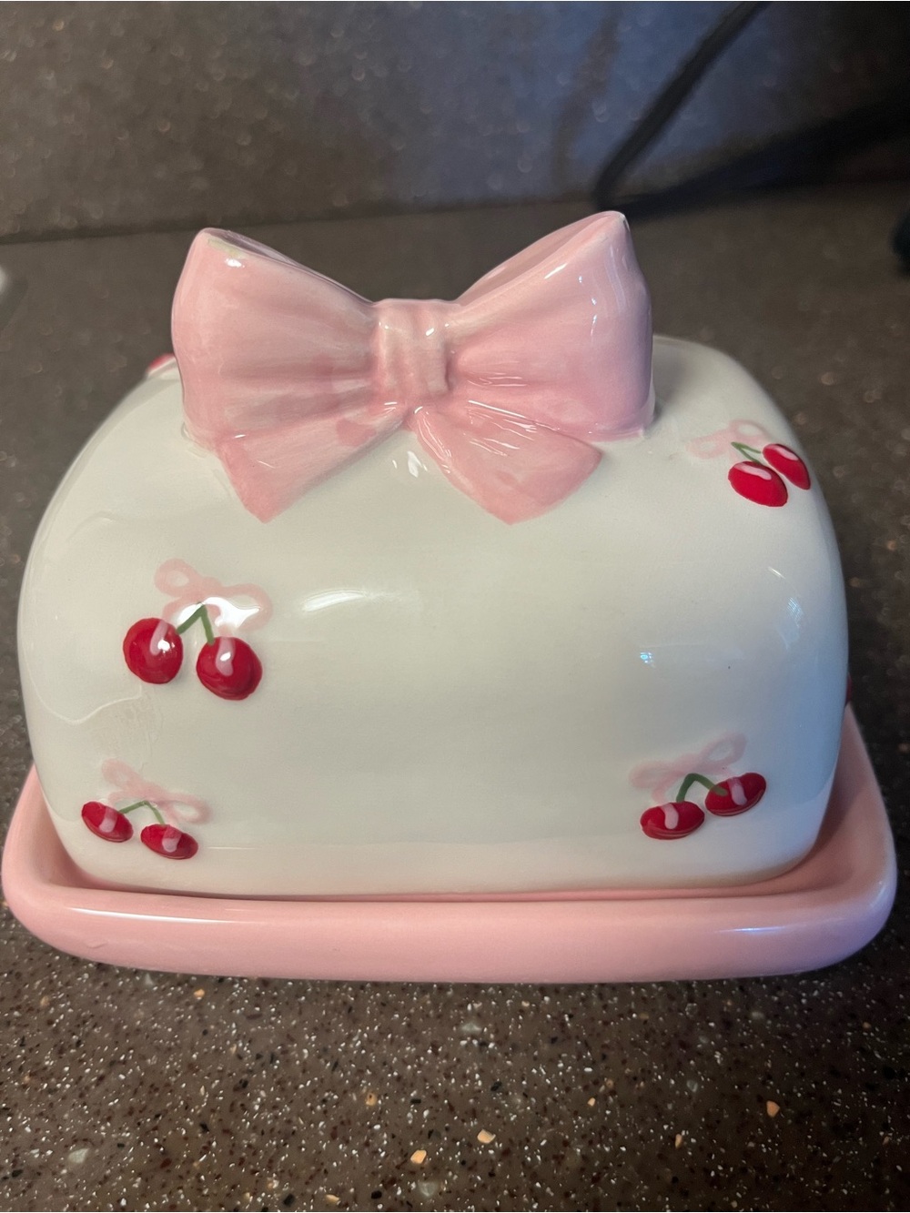 Pink Cherry Bow Butter Dish - Cute Ceramic Accessory